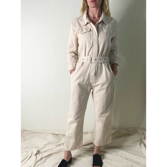 Anthropologie Pants - FARROW Ecru Cream Long Sleeve Twill Belted Long Sleeve Cotton Jumpsuit US SMALL